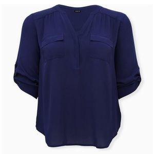 Torrid Harper Georgette 3/4 Rolled Tab Sleeve Blouse 3 Navy Blue